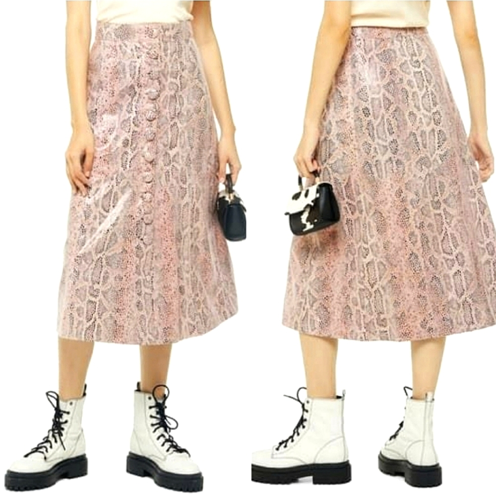 Goat Leather Midi Skirt Rose Gold Metallic Snakeskin